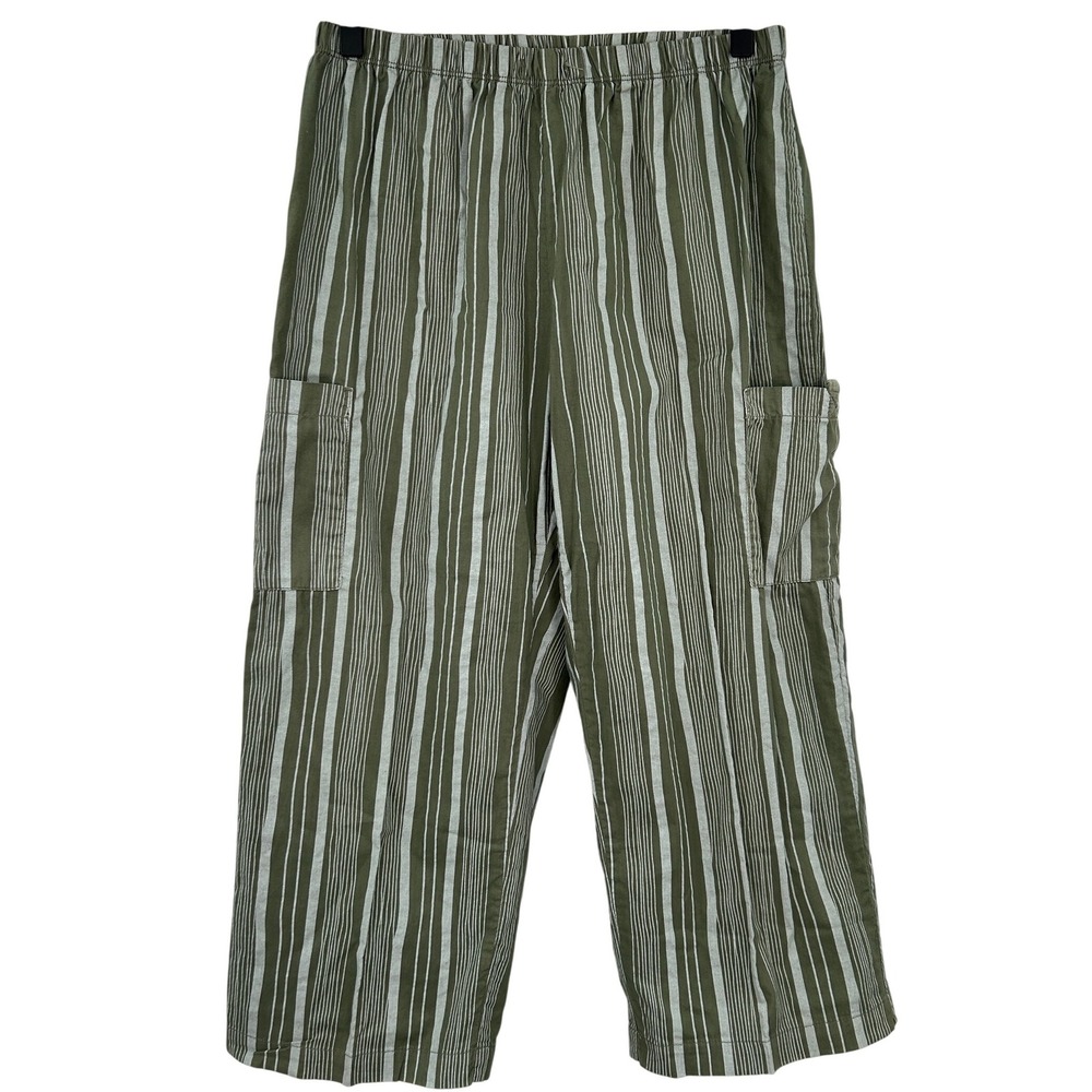 Fresh Produce Green Striped Cotton Cargo Crop Capri Pants Size S Boho Indie